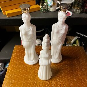 Trio of vintage Avon milk glass bottle ladies.